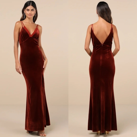 Lulus Immensely Glam Rust Velvet Backless Maxi Dress S Wedding Party Prom Fall - Picture 1 of 9